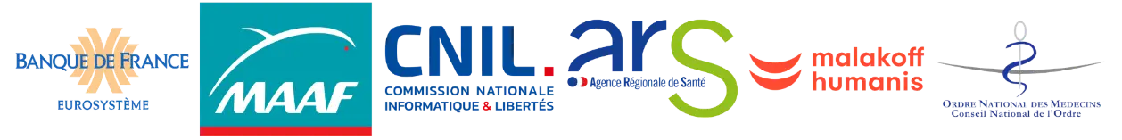 Bannière regroupant les logos de plusieurs institutions françaises et organismes de référence dans les domaines de la santé, de la protection sociale, de la régulation et de la finance : Banque de France, MAAF, CNIL, ARS (Agence Régionale de Santé), Malakoff Humanis, Conseil National de l'Ordre des Médecins. Cette composition évoque un projet ou une solution en lien avec la conformité, la protection des données, ou l’interopérabilité des systèmes de santé.